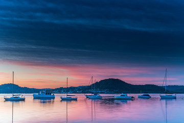 High Clouds, Boats, Reflections and Sunrise on the Bay