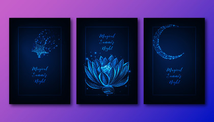 Magical summer night concept with glowing low poly star, lotus flower, moon and text on dark blue.