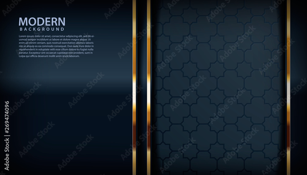 Poster realistic textured black background. arrow overlap layers with golden line concept.
