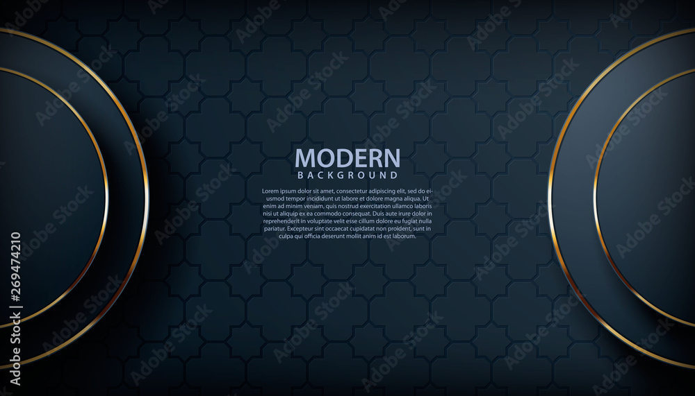 Poster realistic textured black background. arrow overlap layers with golden line concept.