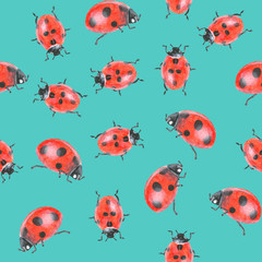 Acrylic drawn ladybugs on blue background, seamless pattern