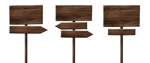 Different wooden direction arrow signposts or roadsigns made of dark wood - obrazy, fototapety, plakaty