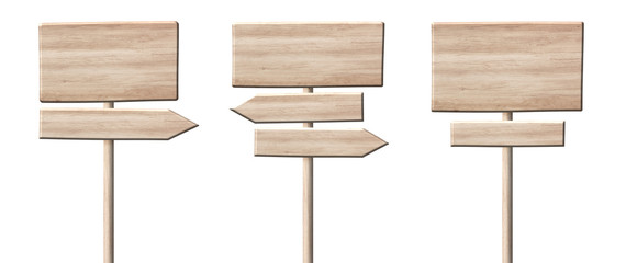 Different wooden direction arrow signposts or roadsigns made of light wood
