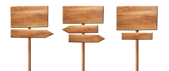 Different wooden direction arrow signposts or roadsigns made of natural wood