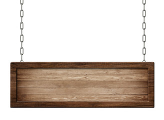 Oblong board with dark frame and made of dark natural wood hanging on chains