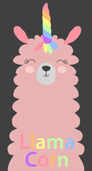Cute lama with a unicorn horn in the color of the rainbow. Lamacorn. in the Scandinavian style.