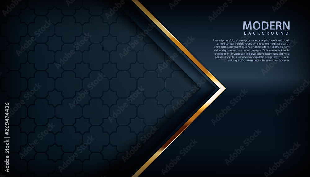 Poster realistic textured black background. arrow overlap layers with golden line concept.