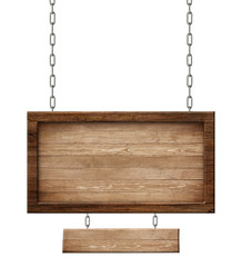 Wooden double sign made of natural wood and with dark frame hanging on chains
