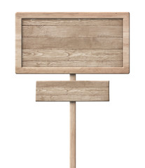 Wooden double signpost made of natural wood and with bright frame and single pole