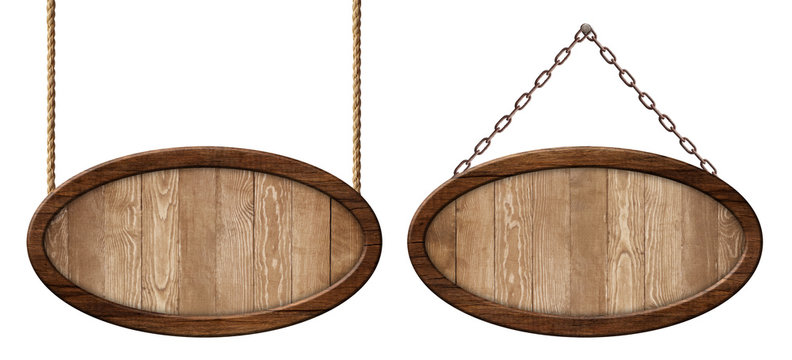 Oval wooden board made of natural wood and with dark frame hanging on ropes and chains