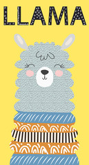 Hand drawn vector illustration of a cute funny llama face Scandinavian style flat design
