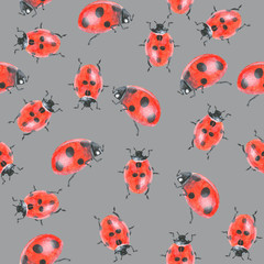 Acrylic drawn ladybugs on gray background, seamless pattern