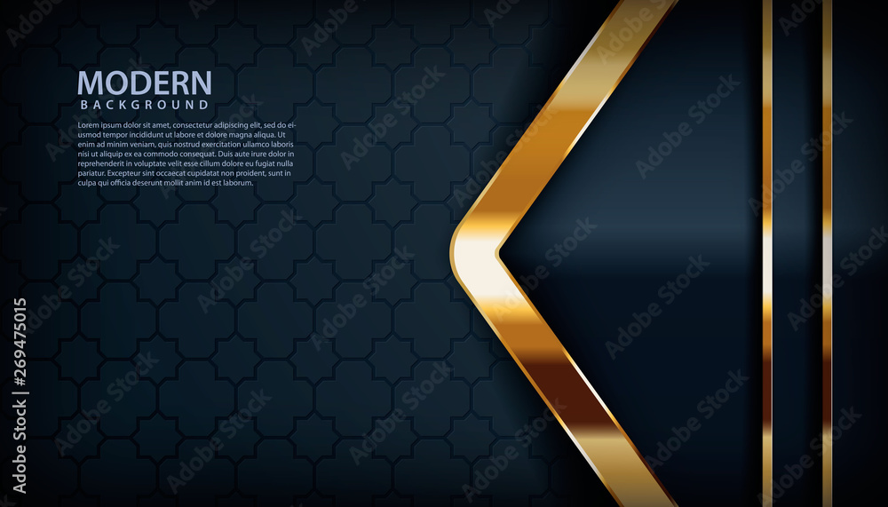 Poster dark abstract background with black overlap layers. texture with golden effect element decoration. l