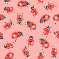 Acrylic drawn ladybugs on pink background, seamless pattern