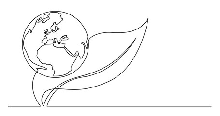 continuous line drawing of planet earth and tree leaf