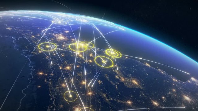 Global communication through a network of connections in Europe and around the world. Concept of internet, social media, traveling. High resolution textures of city lights, earth and stars. 4k.