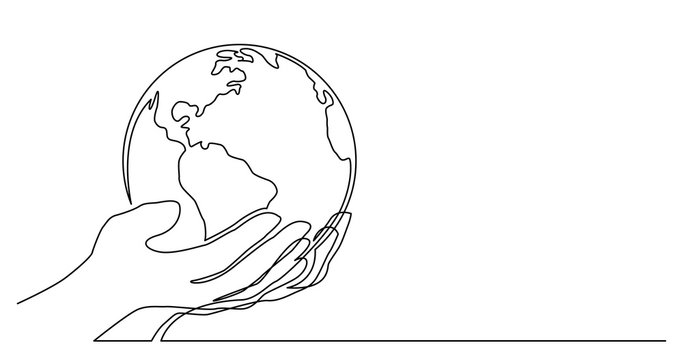 continuous line drawing of human hand holding world planet earth.