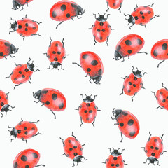 Acrylic drawn ladybugs on white background, seamless pattern