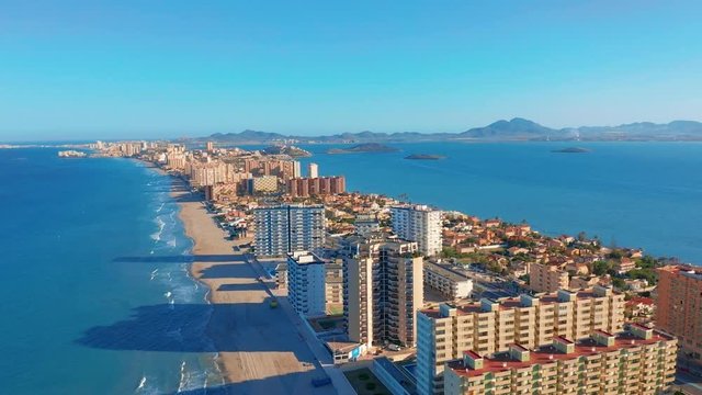 Aerial view. Panoramic view La Manga del Mar Menor, Cartagena, Murcia, Spain.