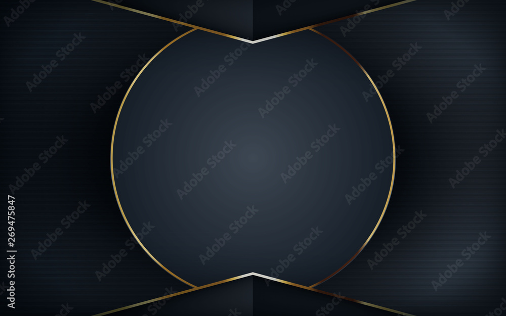 Poster realistic textured black background. arrow overlap layers with golden line concept.