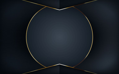 Realistic textured black background. Arrow overlap layers  with golden line concept.