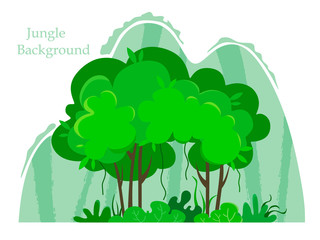 Obraz premium Tropical trees with mountains, jungle in cartoon style. Vector illustration of a forest landscape on a white background