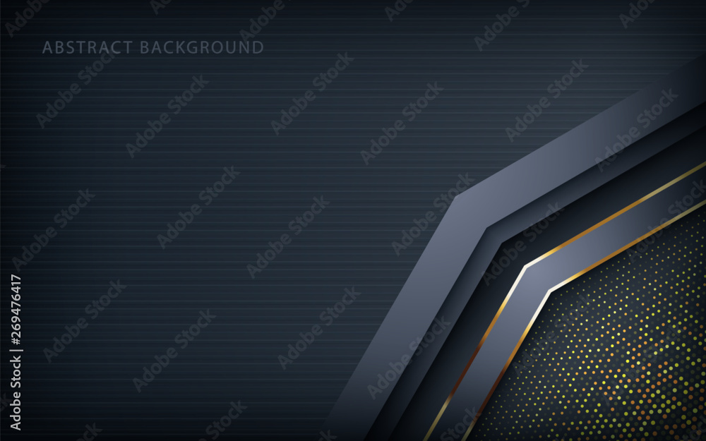 Poster dark abstract background with black arrow overlap layers. texture with golden glitters dots element 