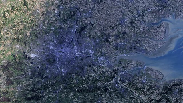 London city satellite view, night to day sunrise animation. Contains public domain image by Nasa