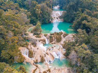 Aerial view of the emerald waterfalls at Roberto Barrios in Chiapas, Mexico