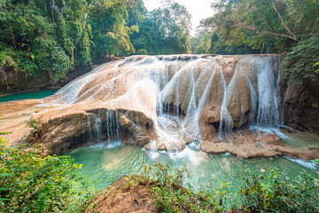 Panoramic view of the emerald waterfalls at Roberto Barrios in Chiapas, Mexico