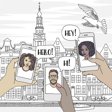 Young people travelling through Europe, chatting with their friends via smartphone, with an illustration of Amsterdam in the background