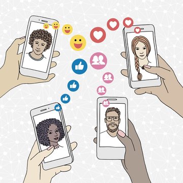 Diverse people holding their smartphone, friends who like their posts, displaying social media icons
