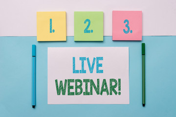 Text sign showing Live Webinar. Business photo text presentation lecture or seminar transmitted over Web Note papers and stationary placed sideways on top of softhued backdrop