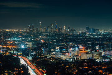 View of Hollywood and the Downtown skyline at night from the Hollywood Bowl Overlook on Mulholland...