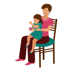 A young mother sits with a small child in her lap. A woman with a cute daughter in her arms is sitting on a chair. Flat style, white background, vector illustration.