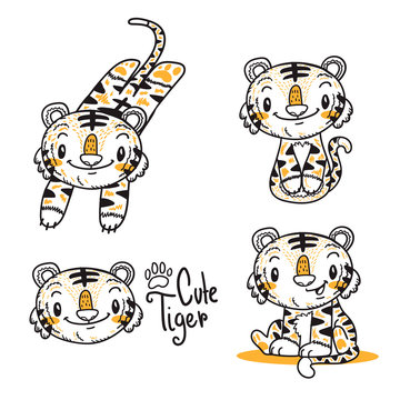 Cute Little Tiger Cartoon Doodle Vector