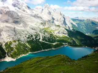 Fototapeta na wymiar This is fantastic view on lago di Fedaia and Marmolada moutaine in Italy