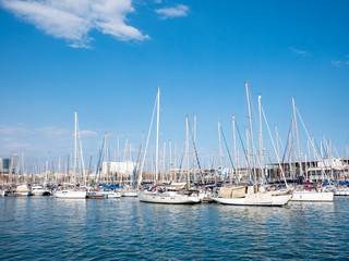 Sailboat and sailing ship Port Vell in Barcelona, Spain