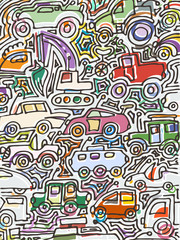 Fototapeta na wymiar Vector color auto pattern, doodle lines, colorful grunge background