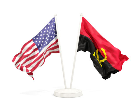 Two waving flags of United States and angola isolated on white