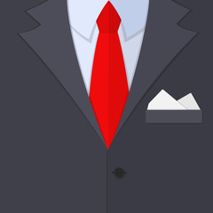 Flat style vector colorful illustration of business men's suit with a red tie, shirt, pocket square.