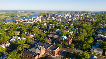 Green Leaves Out Springtime Aerial View Downtown City Center Wilmington North Carolina