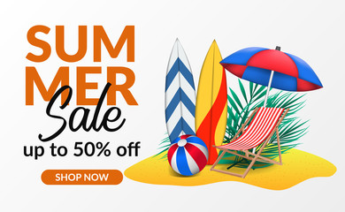 Summer holiday sale offer discount poster banner template with surfboard and chair on the island