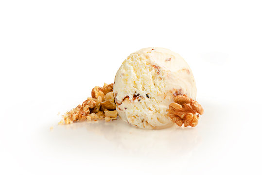 Ice cream ball, walnut and vanilla flavor with ingredients, isolated on a white background.
