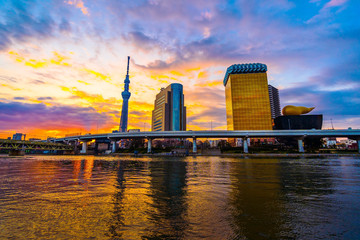 Tokyo skyline on Sumida River with sunrise, Japan