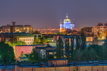 View of the evening city and the Intercession Cathedral of the city of Rivne, Ukraine.