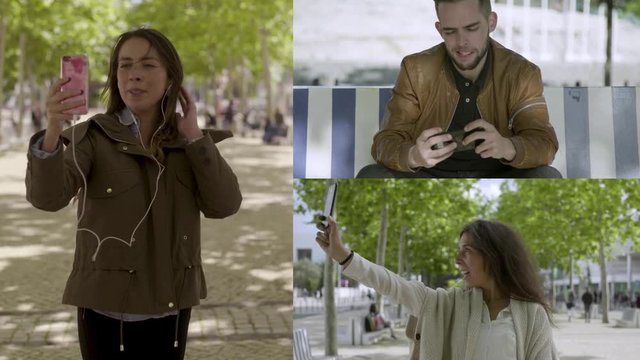 Collage of people talking during video chat outdoor. Split screen of young man and women using smartphones and talking during video call on street. Communication concept