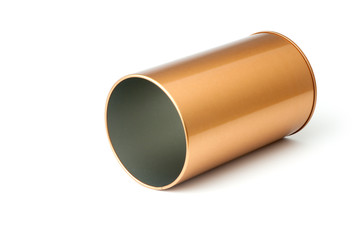 Empty golden metal tube isolated on white background