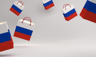 Empty Russian flag shopping bag in the studio lighting, copy space text, Design creative concept for independence day sale event. 3D rendering illustration.