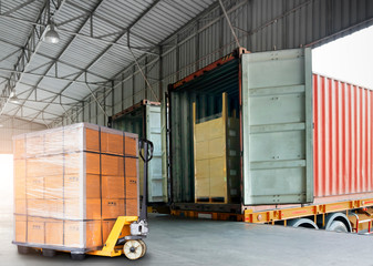 Packaging Boxes Stacked on Pallets Loading into Shipping Cargo Container. Delivery Trucks Loading at Dock Warehouse. Supply Chain. Shipment. Distribution Warehouse Freight Truck Transport Logistics  © Siwakorn1933